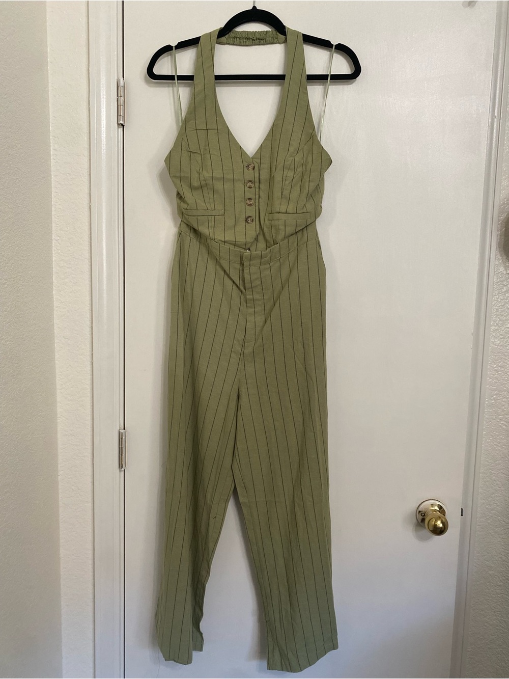 Love Tree Olive Green Pinstripe V-Neck Button Front Jumpsuit